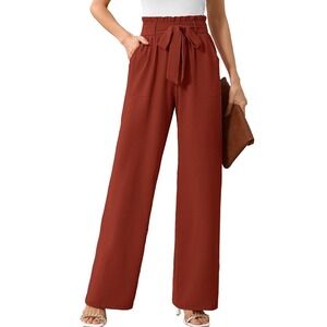 Chiclily Womens Wide Leg Pants Size L Brown Pockets Trousers Removable Belt